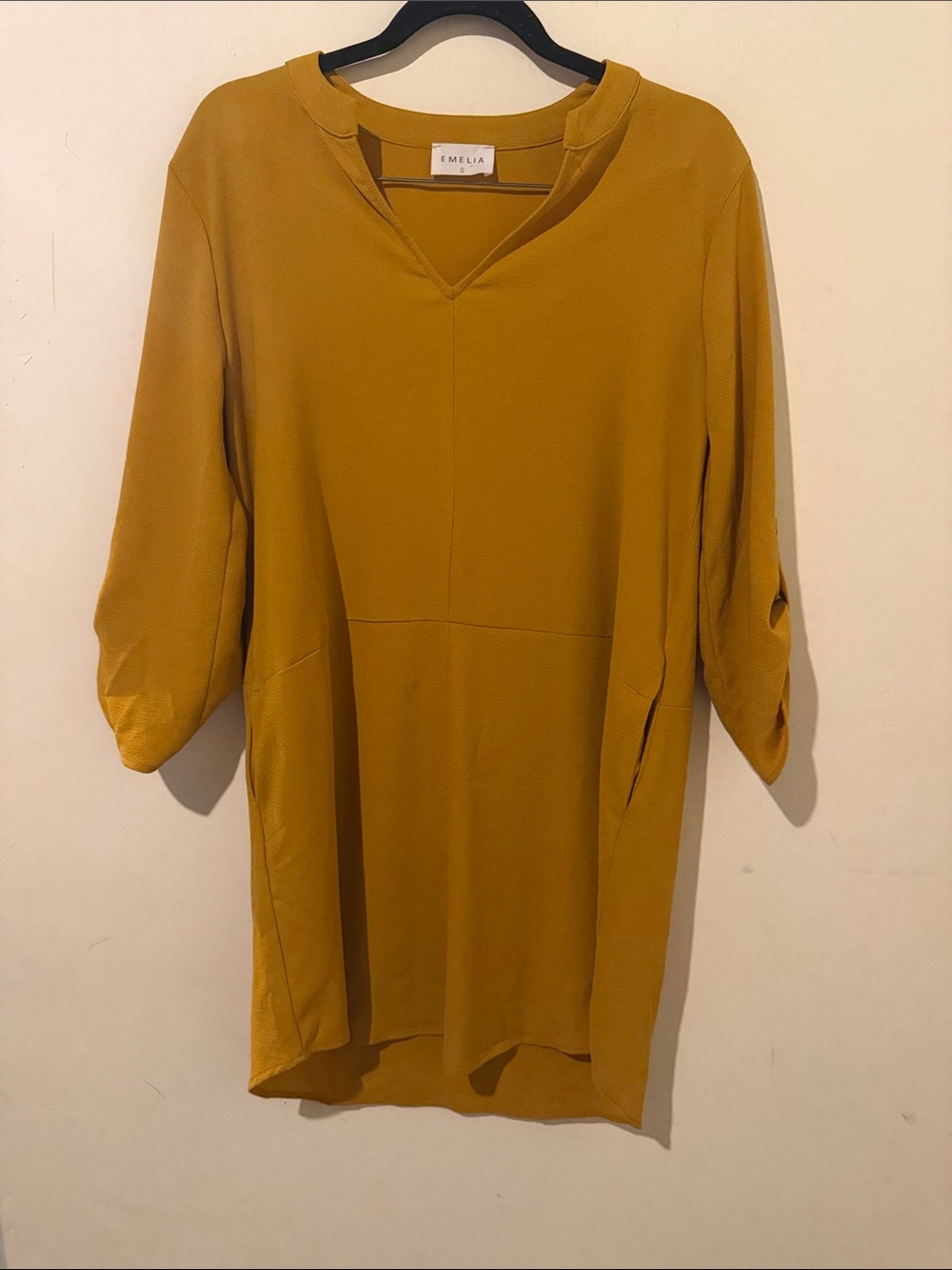 Emelia Mustard Yellow Split-Neck Tunic Shift Dress with Pockets - Size S